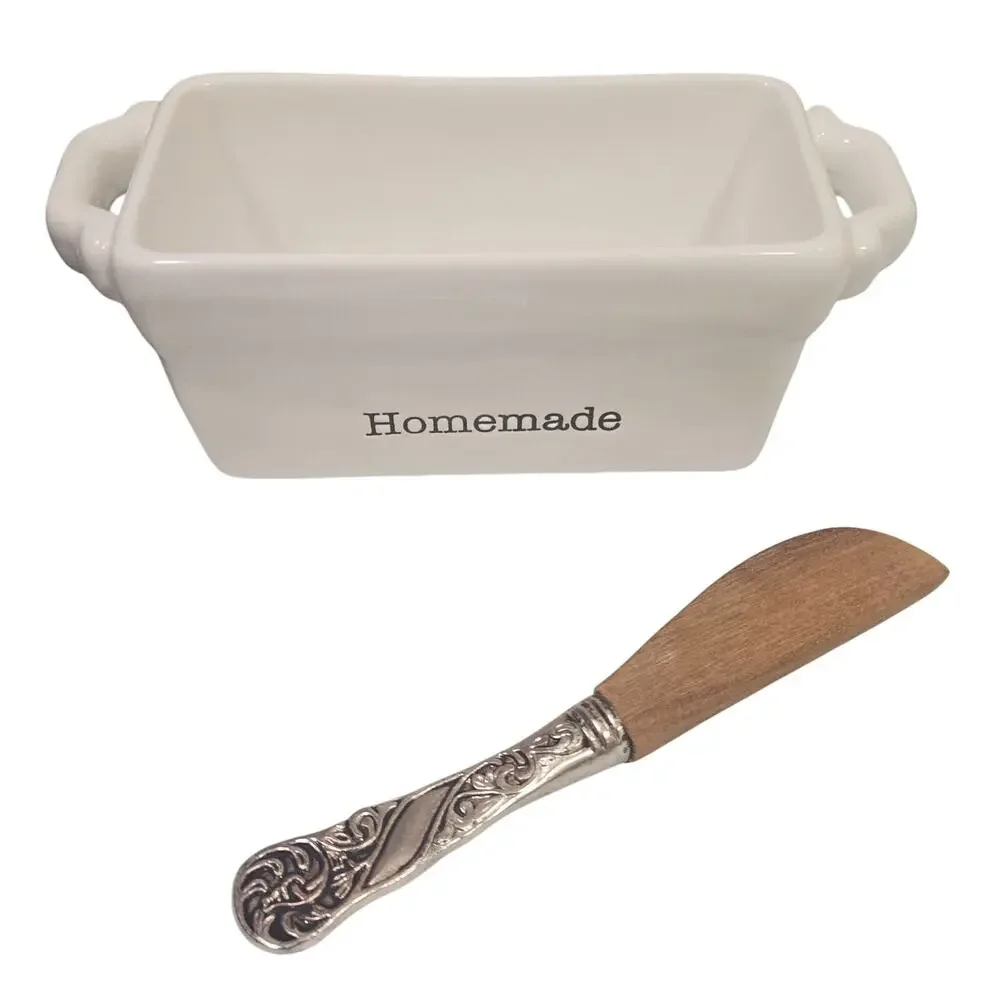Mud Pie Cutest Little White Mini Loaf Pan 5x3x2.25 “Homemade” Serving Knife